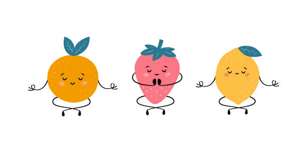 słodkie owoce w pozie jogi. pomarańczowy, truskawkowy i cytrynowy praktykujący jogę i medytuje. śmieszne wektorowe postacie z kreskówek - characters concentration relaxation happiness stock illustrations