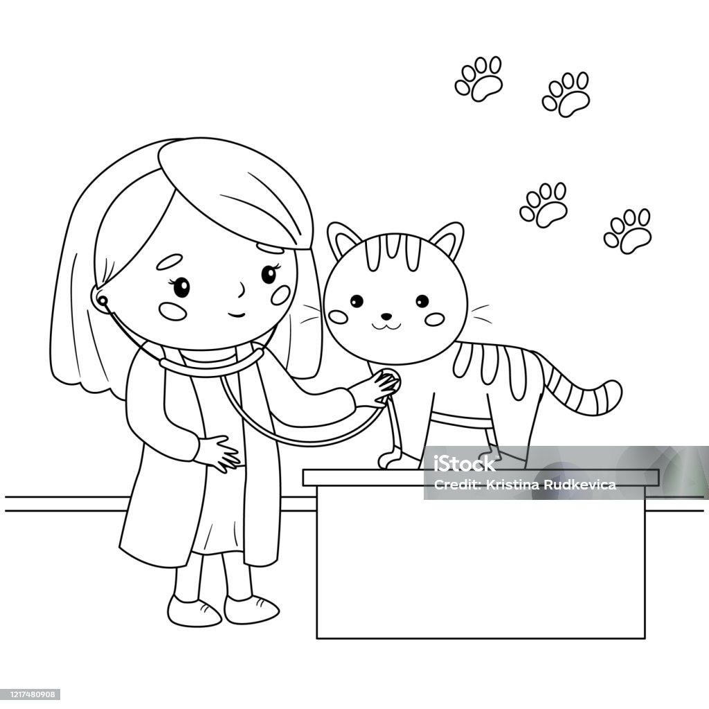 Bác Sĩ Thú Y Với Ống Nghe Lắng Nghe Một Con Mèo Tô Màu Trang Cho ...