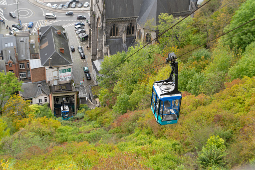 Dinant/Belgium - October 10 2019: Cable car going to the fortress over the old town