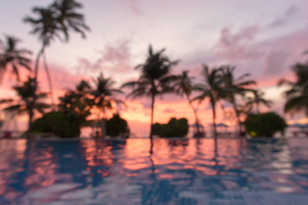 istock Tropical beach swimming pool and sunset sky blurred abstract background 1217488423
