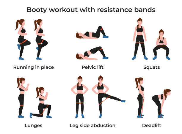 ilustraciones, imágenes clip art, dibujos animados e iconos de stock de establecer entrenamiento booty con bandas de resistencia - natty