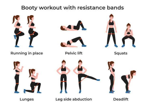 ilustrações de stock, clip art, desenhos animados e ícones de set booty workout with resistance bands - natty