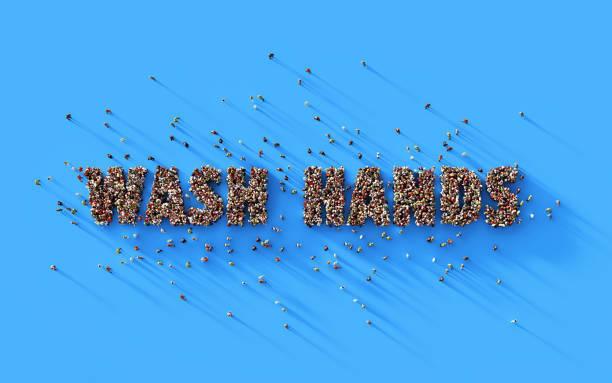 istock Human Crowd Writing Wash Hands Text on Blue Background 1217502781