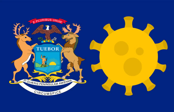 istock Flag of Michigan State With Outbreak Viruses. Novel Coronavirus Disease COVID-19. 1217503855