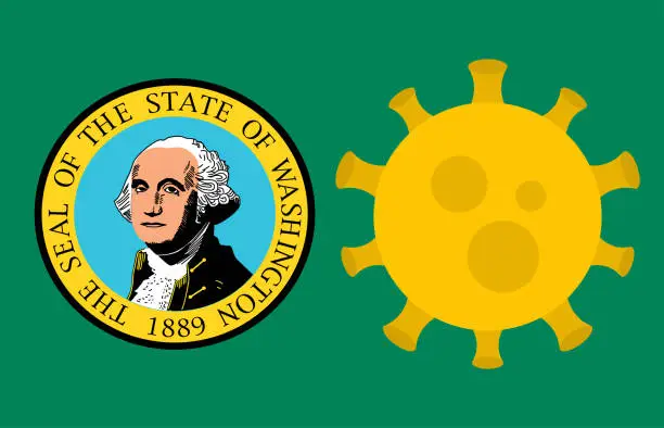 Vector illustration of Flag of Washington State With Outbreak Viruses. Novel Coronavirus Disease COVID-19.