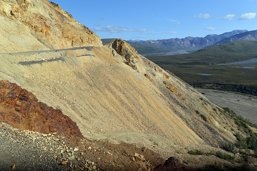 Rock slide taking down a gravel road on the Polychrome Pass, Denali National Park, Alaska.