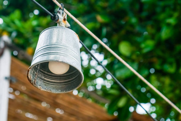 istock Vintage retro design lamp hang on ceiling minimal concept background. 1217513104
