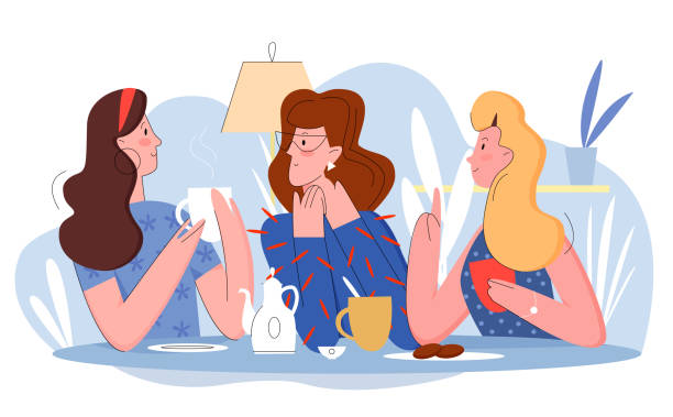 ilustrações de stock, clip art, desenhos animados e ícones de three pretty women in cafe flat line character vector illustration concept - coffee time restaurant