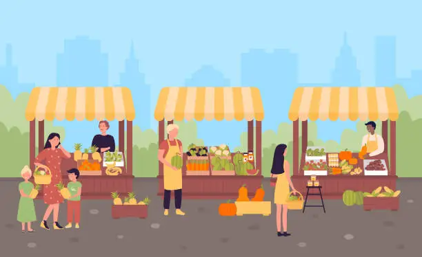 Vector illustration of Farmers street market in city flat vector illustration concept, town background