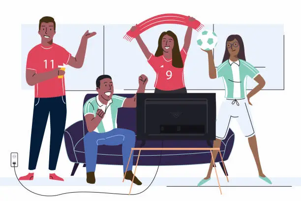 Vector illustration of Cheerful soccer game fans friends adult people watching football TV on couch composition with flags and sport uniform vector illustration.