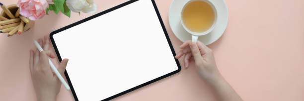 istock Overhead shot of female university student doing homework with blank screen tablet 1217513473