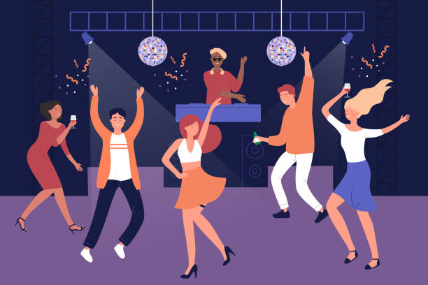 ilustrações de stock, clip art, desenhos animados e ícones de night club people students discotheque vector illustration - friends party