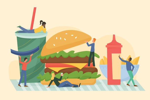 ilustrações de stock, clip art, desenhos animados e ícones de male female characters enjoying love fast street food. - burger sandwich hamburger eating