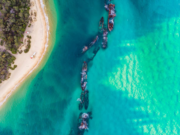 Tangalooma Shipwrecks off Moreton island, Queensland Australia Tangalooma Shipwrecks off Moreton island, Queensland Australia scuttle stock pictures, royalty-free photos & images