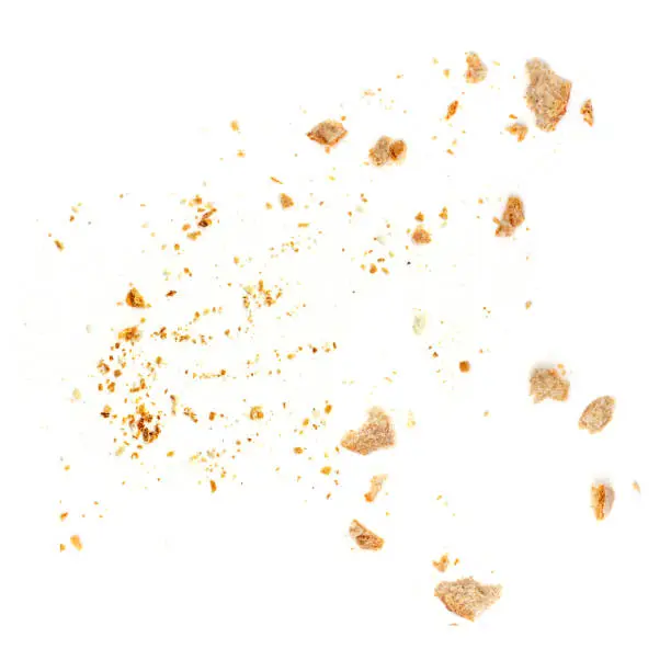 Bread crumbs isolated on white background. Top view"n