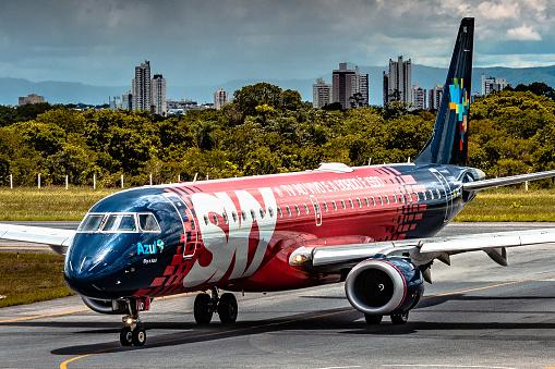 Cuiaba, Mato Grosso - Brazil, January 13, 2020: Embraer 195 (registration: pr-auq - Sky Special Colors) of the airline Azul Linhas Áereas taxi in Marechal Rondom, Varzea Grande - Cuiaba International Airport (Icao: sbcy / Iata: cgb), Mato Grosso, Brazil.