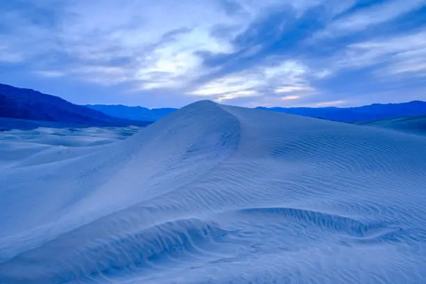 A sand dune just after sunset at the Mesquite Sand Dunes in Death Valley National Park.