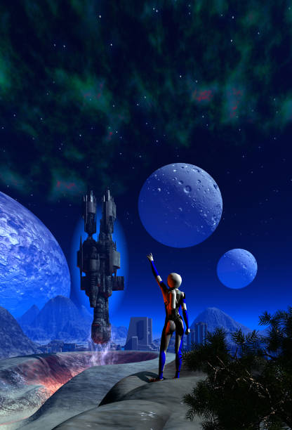istock Astronaut on alien Planet with three moons, looking at a spaceship that is starting, 3d illustration 1217519605
