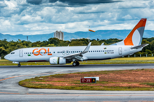 Cuiaba, Mato Grosso - Brazil, January 13, 2020: The Boeing 737-800ng (registration: pr-gzr) of the airline GOL Linhas Áereas landing  in Marechal Rondom, Varzea Grande - Cuiaba International Airport (Icao: sbcy / Iata: cgb), Mato Grosso, Brazil. The aircraft belongs to Transavia ex Registro ph-hzn, GOL rented the aircraft to operate in the fleet during the high Brazilian summer season with colors outside the GOL standard. GOL returned the aircraft to Transavia on March 2, 2020.
