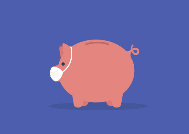 ilustraciones, imágenes clip art, dibujos animados e iconos de stock de protección empresarial durante el brote de coronavirus. piggy cerdo de banco con una máscara facial - wall street