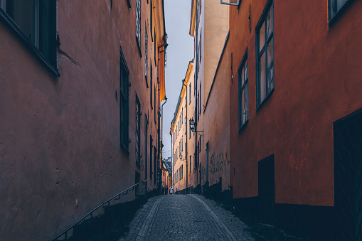 A narrow alley in the old town of Stockholm, Sweden in early March 2020 during the the Covid-19, Corona Pandemic.