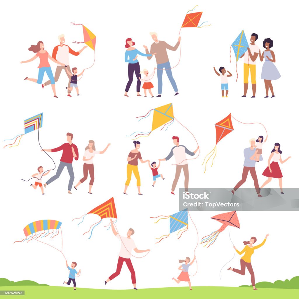 Happy Familjer Spelar Kites Collection, mödrar, fäder och deras barn lanserar Kite på Festival, Utomhus fritidsaktiviteter Vector Illustration - Royaltyfri Drake - Leksak vektorgrafik