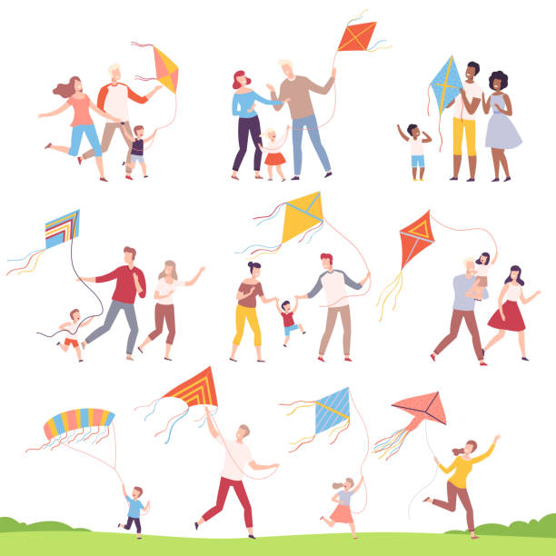 bildbanksillustrationer, clip art samt tecknat material och ikoner med happy familjer spelar kites collection, mödrar, fäder och deras barn lanserar kite på festival, utomhus fritidsaktiviteter vector illustration - flying kite