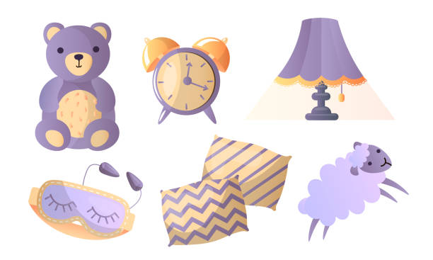 Set of different things in thematic of healthy sweet sleep. Vector illustration in a flat cartoon style. Collection set of things in thematic of healthy sweet sleep. Soft pillows, sheep, sleeping mask, alarm clock, lamp, teddy bear. Isolated icons set illustration on a white background in cartoon style napping illustrations stock illustrations
