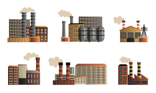 Collection set of buildings of an industrial manufactory. Different buildings of factories producing crude oil, gas, and others. Isolated icons set illustration on a white background in cartoon style.
