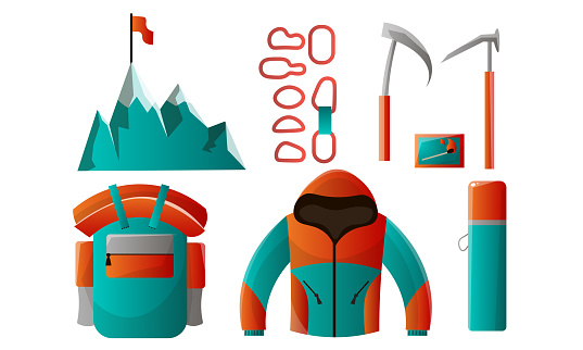 Collection set of mountain climber tools and equipment for backpacking. Mountain with a flag on top, carabiners, jacket, backpack, matches, thermos, ice axes. Isolated icons set on a white background