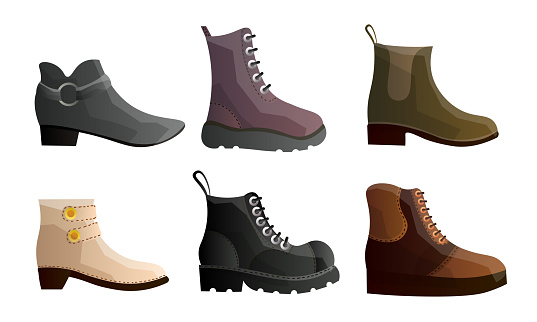 Collection set of modern types of stylish male and female winter shoes in different shapes. Isolated icons set illustration on a white background in cartoon style.
