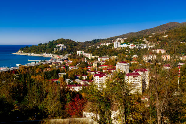 vista aérea da cidade de khosta, litoral e montanhas. sochi, rússia. - 2503 - fotografias e filmes do acervo