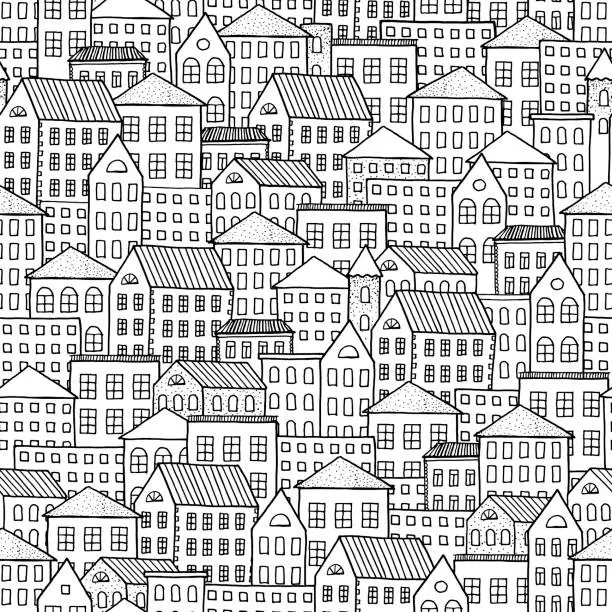 Vector illustration of Painted city. Stay at home. Seamless pattern on white background