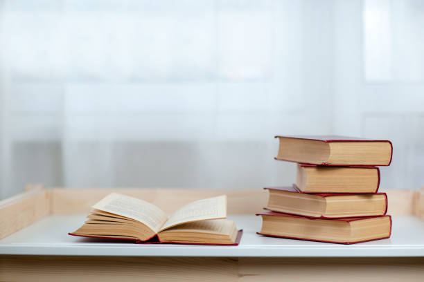 istock Many books on white table, education from home. 1217530280