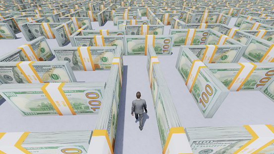 Businessman looking for a way out of the Money Maze made of one hundred usd banknotes. High resolution 3D rendering.