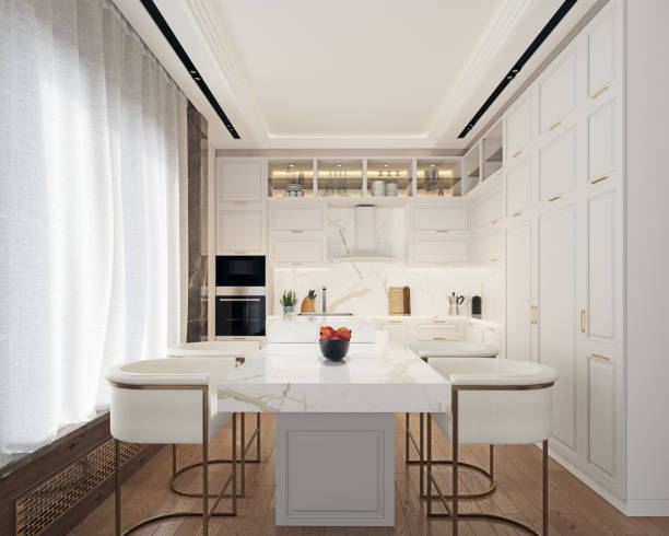istock Modern interior design kitchen with white marble island and dining chairs, 3d rendering, 3d illustration 1217531156