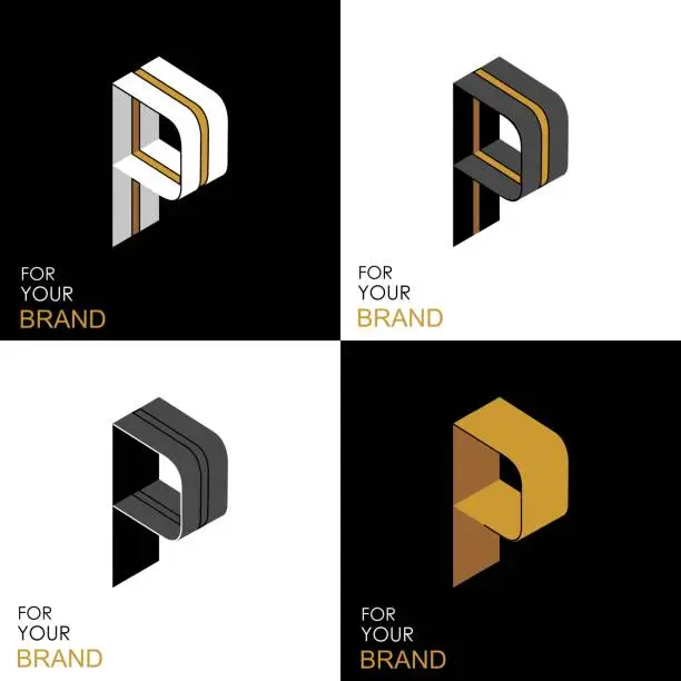 Vector illustration of Isometric set letter P. Black, white, gold palette. From stripes, lines. Template for creating  emblems, monograms. Black and white options. 3D art symbol. Vector