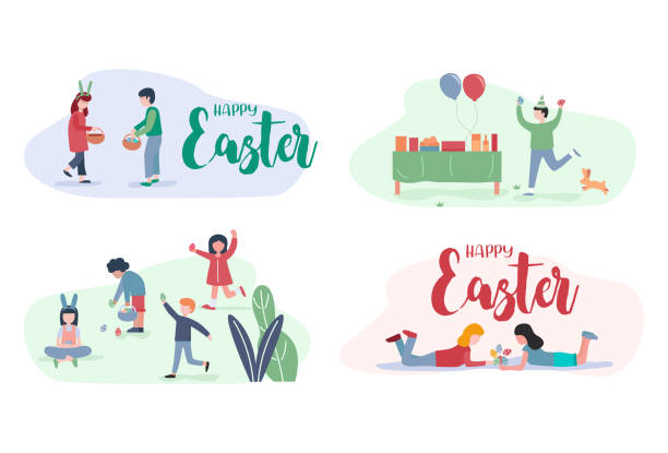 Flat design, Happy Easter, Children enjoy an Easter egg hunt. eps 10 easter easter egg eggs basket stock illustrations