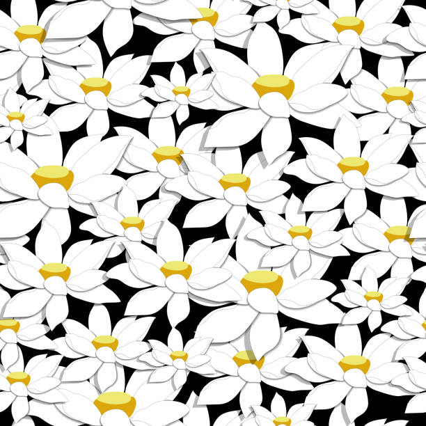 흰색 꽃꽃 매끄러운 패턴. 직물, 부엌 직물 및 침구에 대한 어두운 배경에 연꽃과 벡터 끝없는 질감. - lotus japan water lily vegetable garden stock illustrations