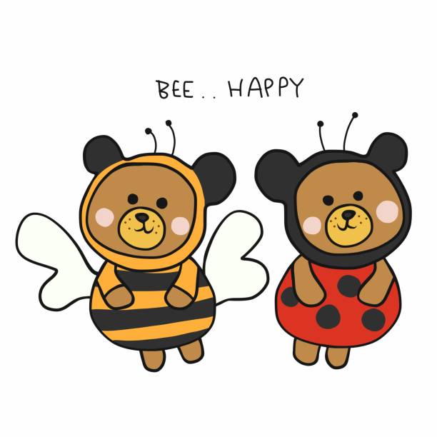 illustrations, cliparts, dessins animés et icônes de abeille heureuse, abeille brune porter l’abeille et la coccinelle dessin animé de dessin animé illustration - fluffy bear cute friendship