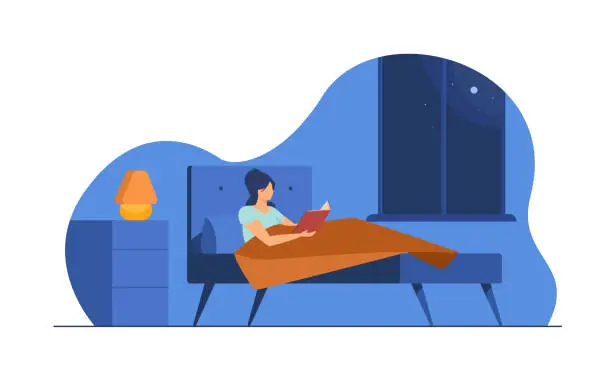 Vector illustration of Young woman reading book before going to sleep