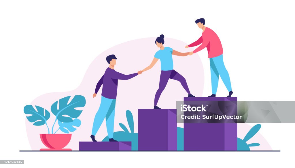 Employees giving hands and helping colleagues to walk upstairs Employees giving hands and helping colleagues to walk upstairs. Team giving support, growing together. Vector illustration for teamwork, mentorship, cooperation concept Support stock vector