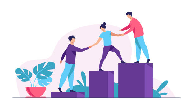 Employees giving hands and helping colleagues to walk upstairs Employees giving hands and helping colleagues to walk upstairs. Team giving support, growing together. Vector illustration for teamwork, mentorship, cooperation concept leading illustrations stock illustrations
