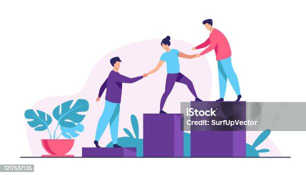 Employees Giving Hands And Helping Colleagues To Walk Upstairs Stock Illustration - Download Image Now