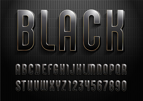 3d dark font with golden streak, trendy gloomy alphabet sans serif, modern black condensed letters and numbers for your calendar, flyer, poster, banner, vector illustration 10eps.