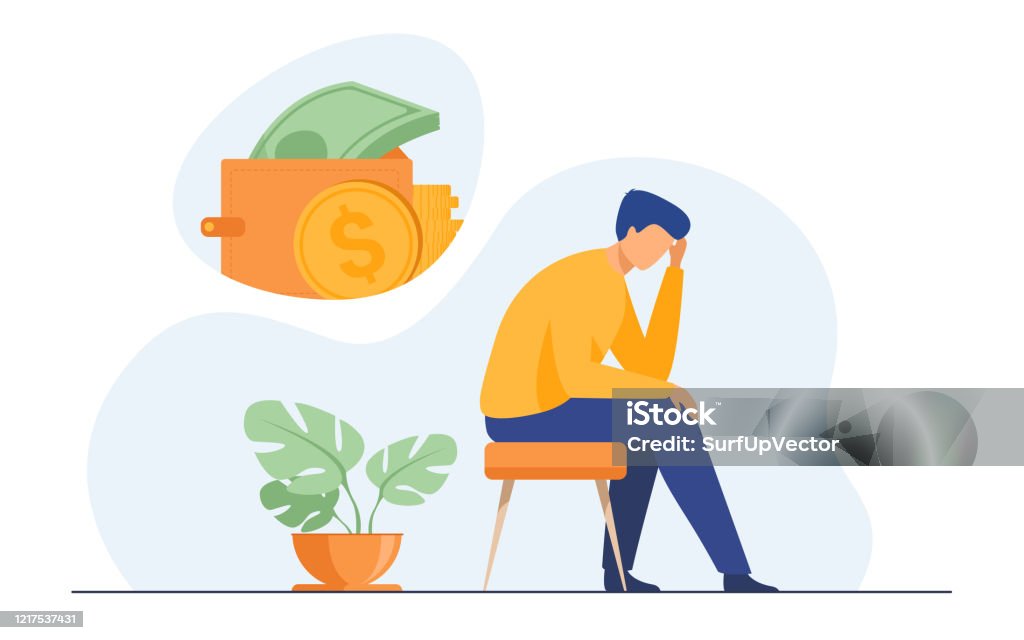 Depressed sad man thinking over financial problems Depressed sad man thinking over financial problems and debts. Businessman broke, needing money, having unpaid loan. Vector illustration for bankruptcy, loss, crisis, trouble concept Currency stock vector