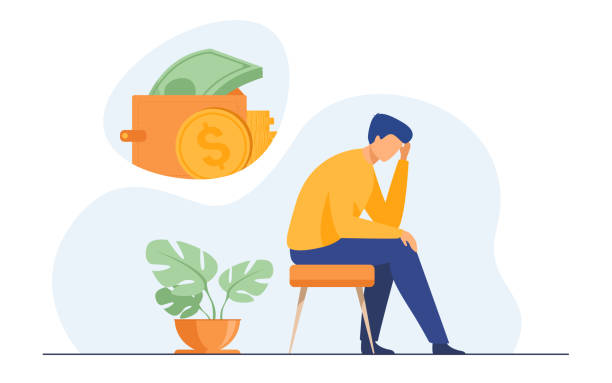 Depressed sad man thinking over financial problems Depressed sad man thinking over financial problems and debts. Businessman broke, needing money, having unpaid loan. Vector illustration for bankruptcy, loss, crisis, trouble concept currency illustrations stock illustrations