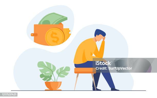 Depressed Sad Man Thinking Over Financial Problems Stock Illustration - Download Image Now - Currency, Worried, Men