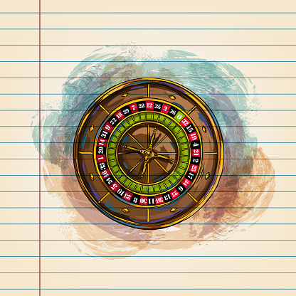 Drawing of Casino roulette wheel in watercolour style on ruled paper. Elements are grouped.contains eps10 and high resolution jpeg.