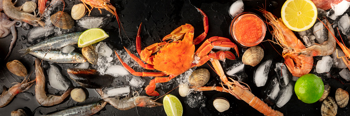 Seafood. Crab, mussels, shrimps, clams on ice, shot from the top on a black background